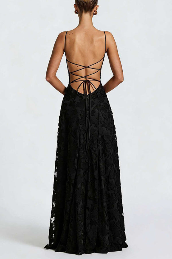 Vestido largo Francis de punto devoré floral con cuello caído y lazada en la espalda