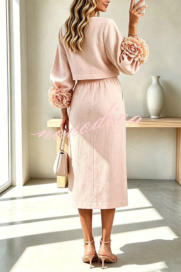 Conjunto de mezcla de lino de blusa con botones de flor y puños florales y falda midi con cintura elástica y bolsillos