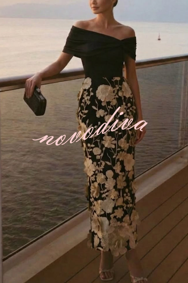 Vestido midi ajustado clásico con bordado floral 3D, hombros descubiertos y manga corta