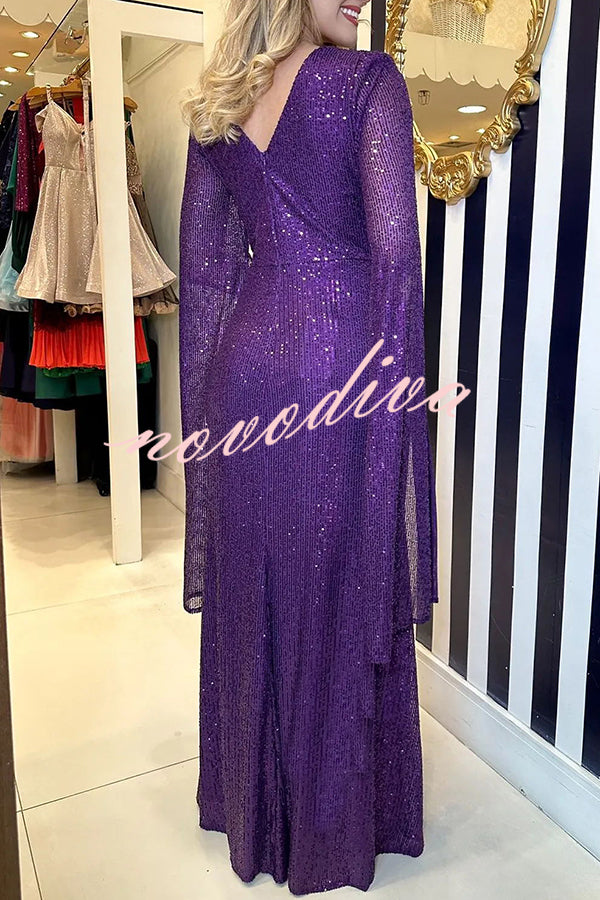 Vestido largo de noche Brilla Más de lentejuelas con manga capa y cintura cruzada