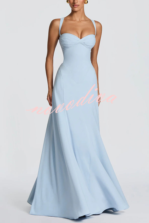Vestido largo Irie drapeado de gasa con escote corazón, tirantes estrechos y lazada en la espalda