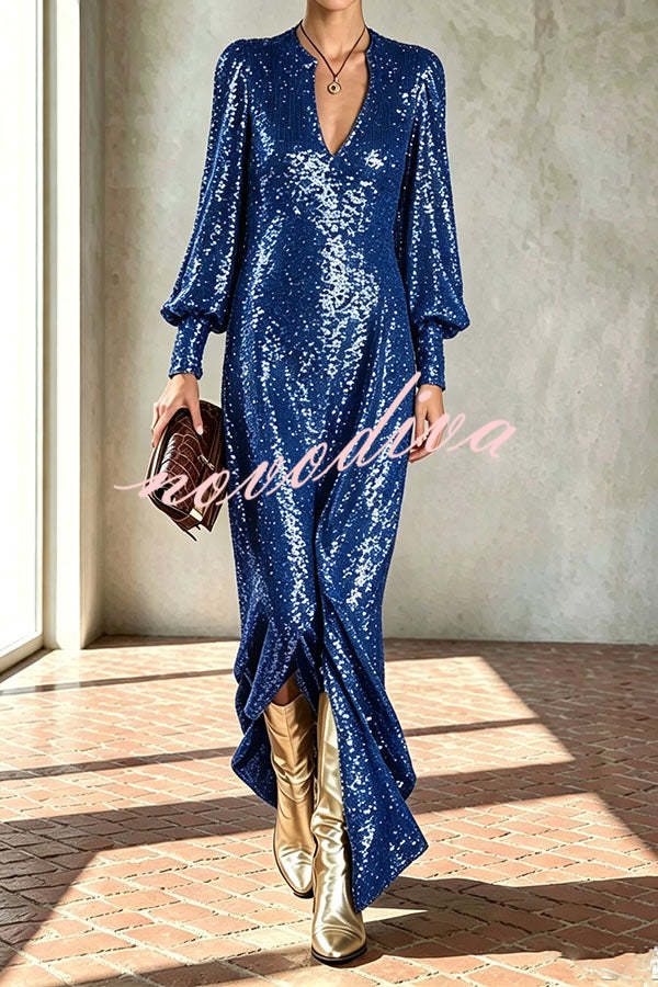 Vestido largo de fiesta Minimalista Brillante de lentejuelas con escote de pico, manga larga globo y abertura