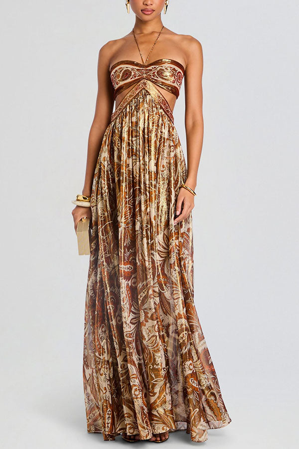 Vestido largo halter Bohemian Flair de gasa con estampado de cachemir dorado y aberturas