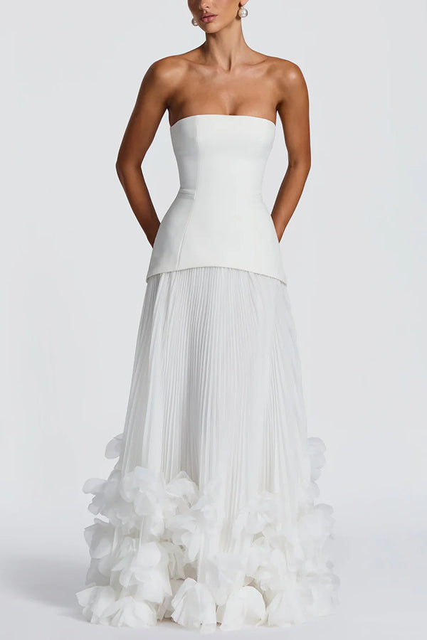 Vestido largo de gala Serafina palabra de honor con apliques florales hechos a mano, bajo plisado y lazada en la espalda