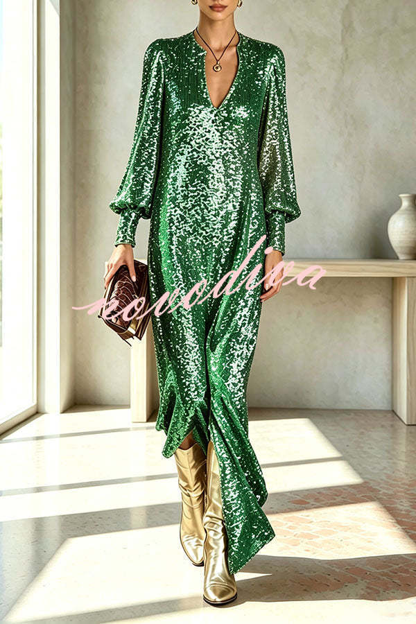 Vestido largo de fiesta Minimalista Brillante de lentejuelas con escote de pico, manga larga globo y abertura