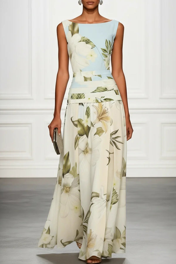 Vestido largo clásico con estampado floral, escote barco, cintura fruncida, sin mangas y corte en A