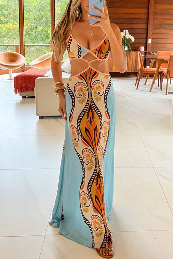 Vestido largo de mezcla de lino con estampado étnico, abertura en la cintura y lazada en la espalda