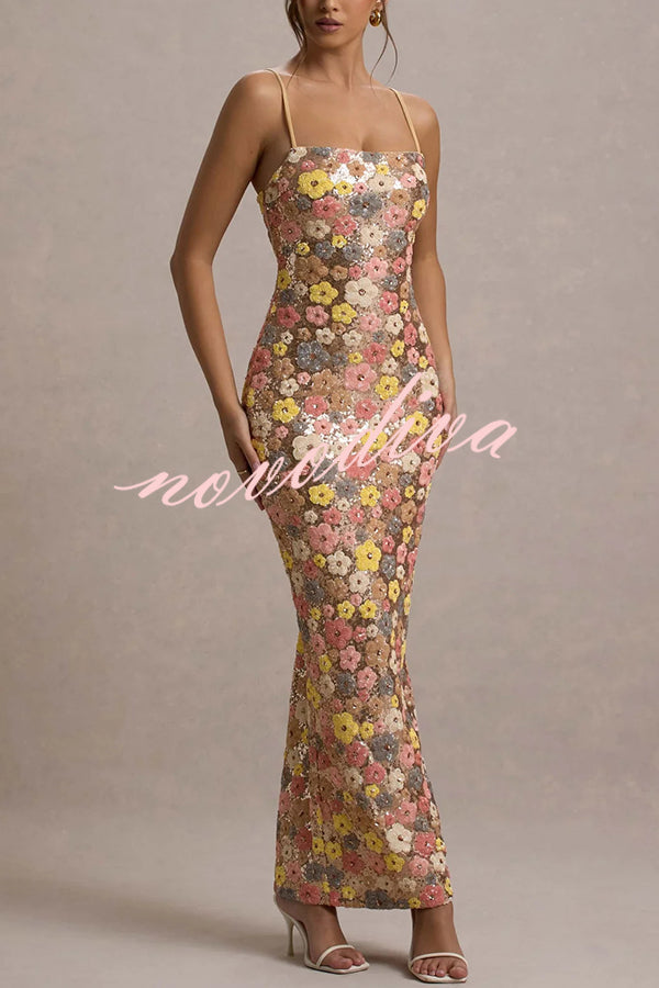 Vestido largo elástico de tirantes con lentejuelas, estampado floral inspiración años 80 y escote cuadrado