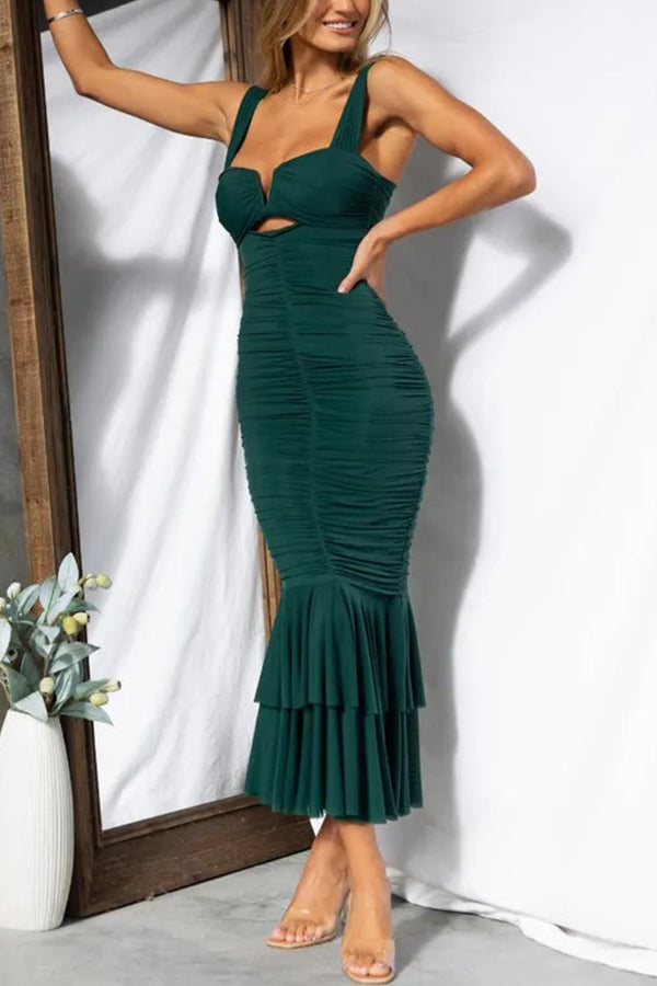 Vestido sirena de color liso con cintura alta y plisado