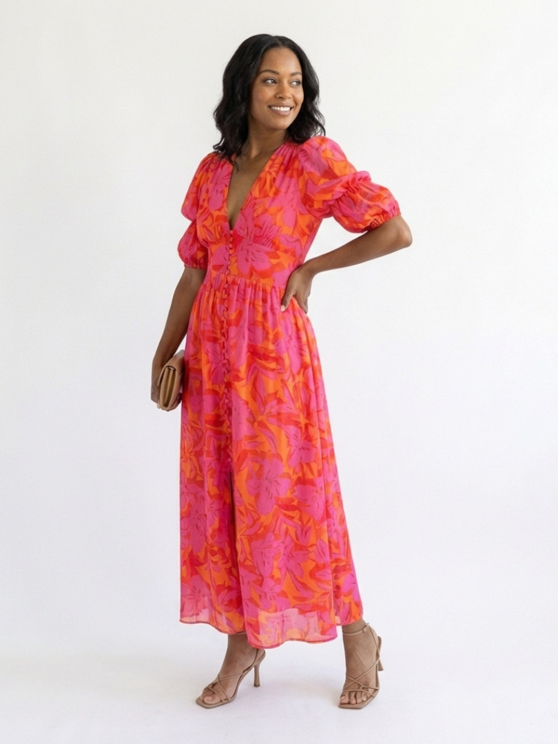 Adalyn | Vestido Midi Floral con Mangas Abullonadas