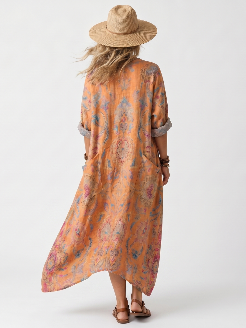 Remi | Vestido Midi Oversize Estampado con Escote de Muesca y Bolsillos