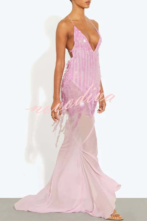 Vestido largo lencero Noche Perfecta de lentejuelas bordadas con espalda descubierta y bajo drapeado de tul