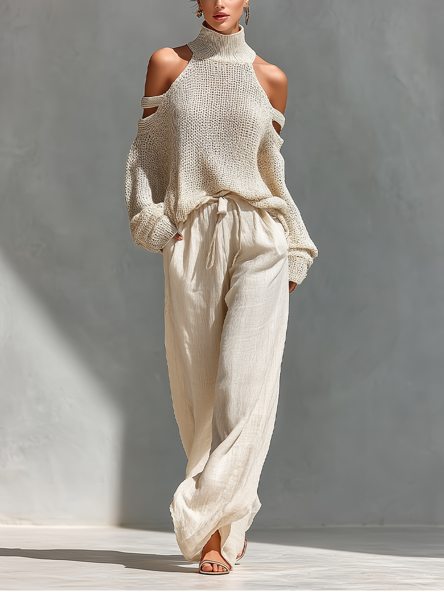 MARIA | Conjunto de top de cuello alto con hombros descubiertos y pantalón ancho de punto