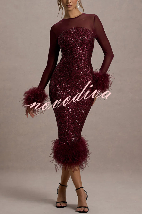 Vestido midi elástico Glamour y Drama de malla con patchwork de lentejuelas y ribete de plumas