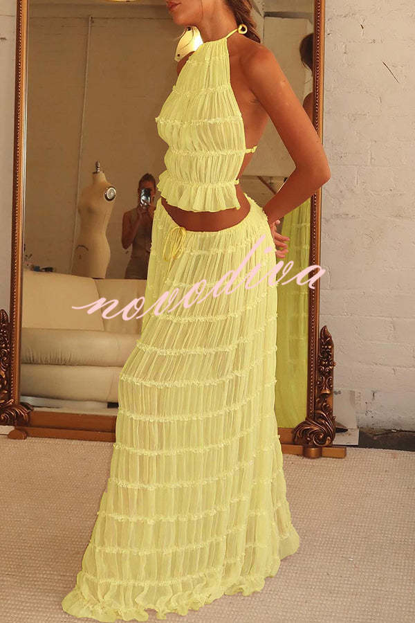Falda larga escalonada plisada con cintura de cordón, versátil y con encanto vintage