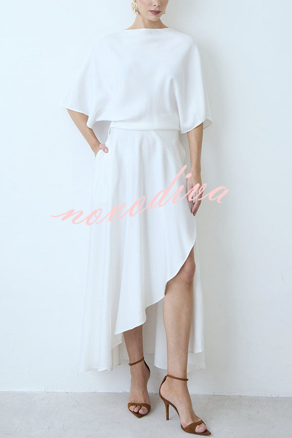 Vestido largo holgado Moderno y Elegante de satén cruzado con media manga ancha, bolsillos y abertura