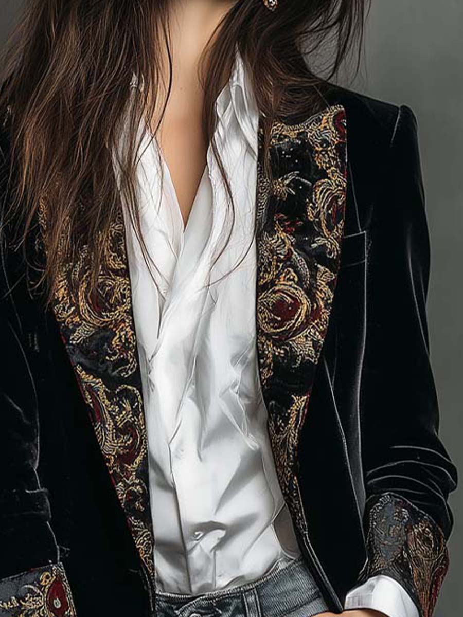 Blazer Entallado de Solapa con Estampado Barroco Negro para Mujer