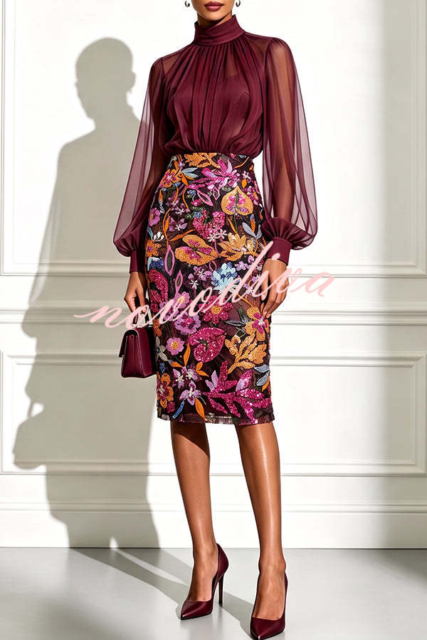 Vestido midi ajustado Analie de gasa con cuello alto, manga farol y bajo floral de lentejuelas