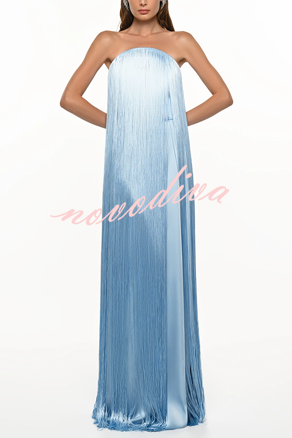 Vestido largo de gala hasta el suelo Dreamy Eye-catching con flecos brillantes y hombros descubiertos