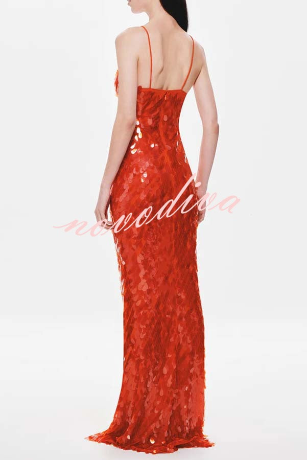 Vestido largo lencero Belleza Renovada de lentejuelas de escamas con escote en U y aberturas