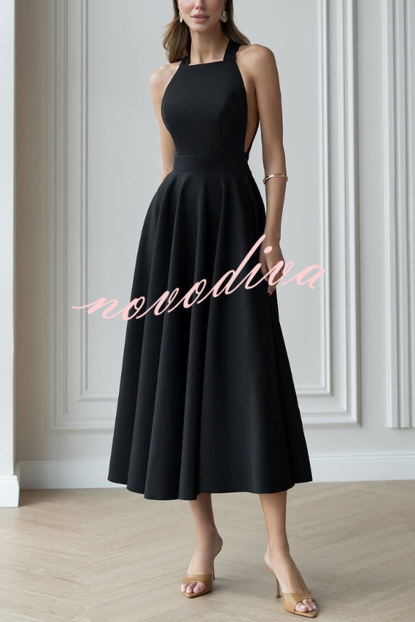 Vestido midi elegante de color liso con cuello halter, lazo y cintura ceñida