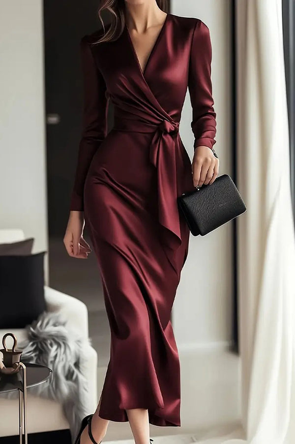 Vestido midi ajustado de satén en color liso con escote en V, manga larga y lazada en la cintura