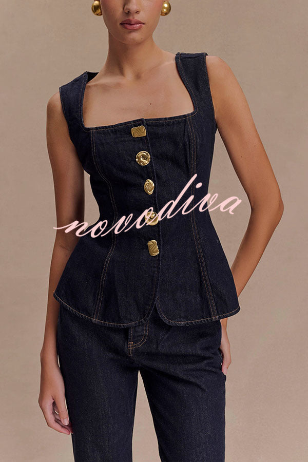 Top chaleco vaquero Stassi con escote cuadrado, botones y costuras princesa