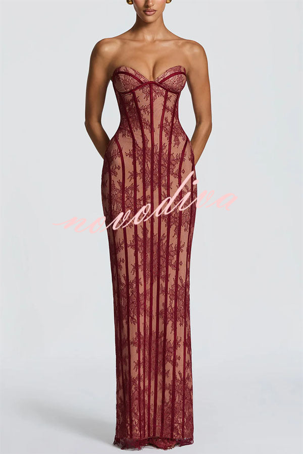 Vestido largo Sian palabra de honor de encaje floral con detalle estructurado en contraste, abertura y lazada en la espalda