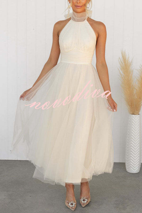 Vestido largo halter Fairy Vibes de tul con detalle fruncido