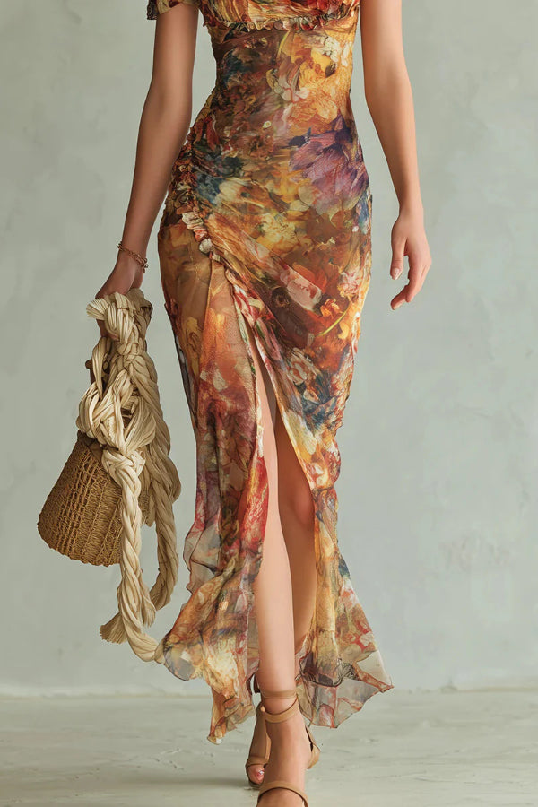 Vestido largo elegante con estampado floral, manga corta, escote cuadrado, volantes y abertura