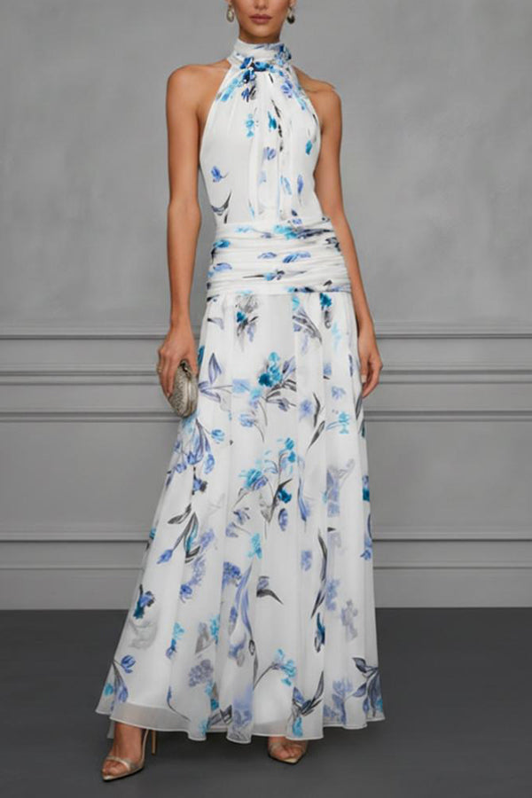 Vestido Aria floral halter fruncido