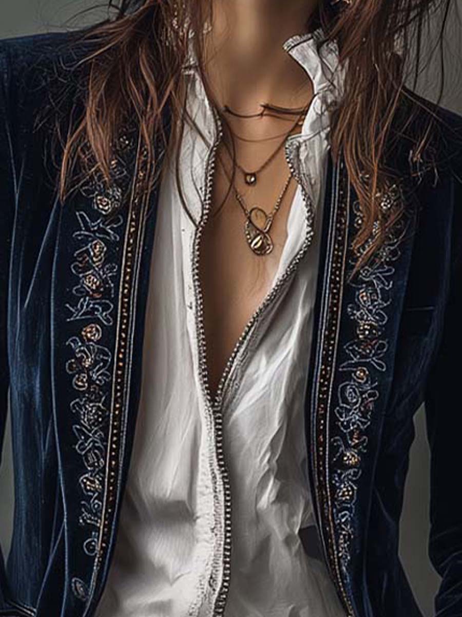 Atenea | Chaqueta Larga Bordada Vintage Azul Marino