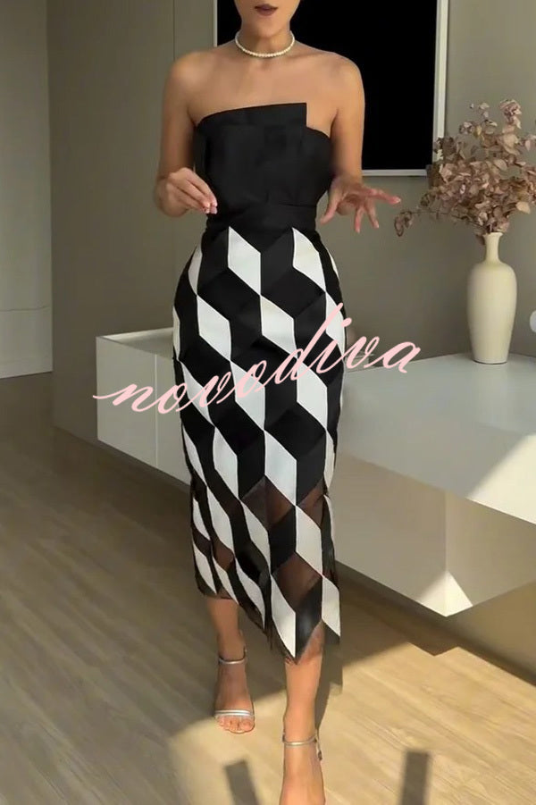 Vestido midi sexy palabra de honor con espalda descubierta y rombos en contraste