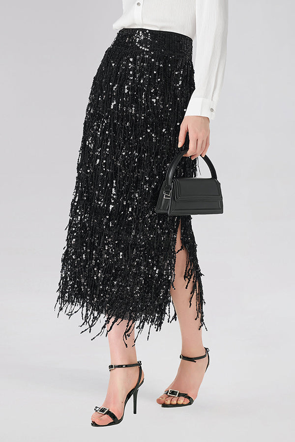Falda midi Evening Charm de talle alto con flecos de lentejuelas superpuestos, cremallera trasera y abertura