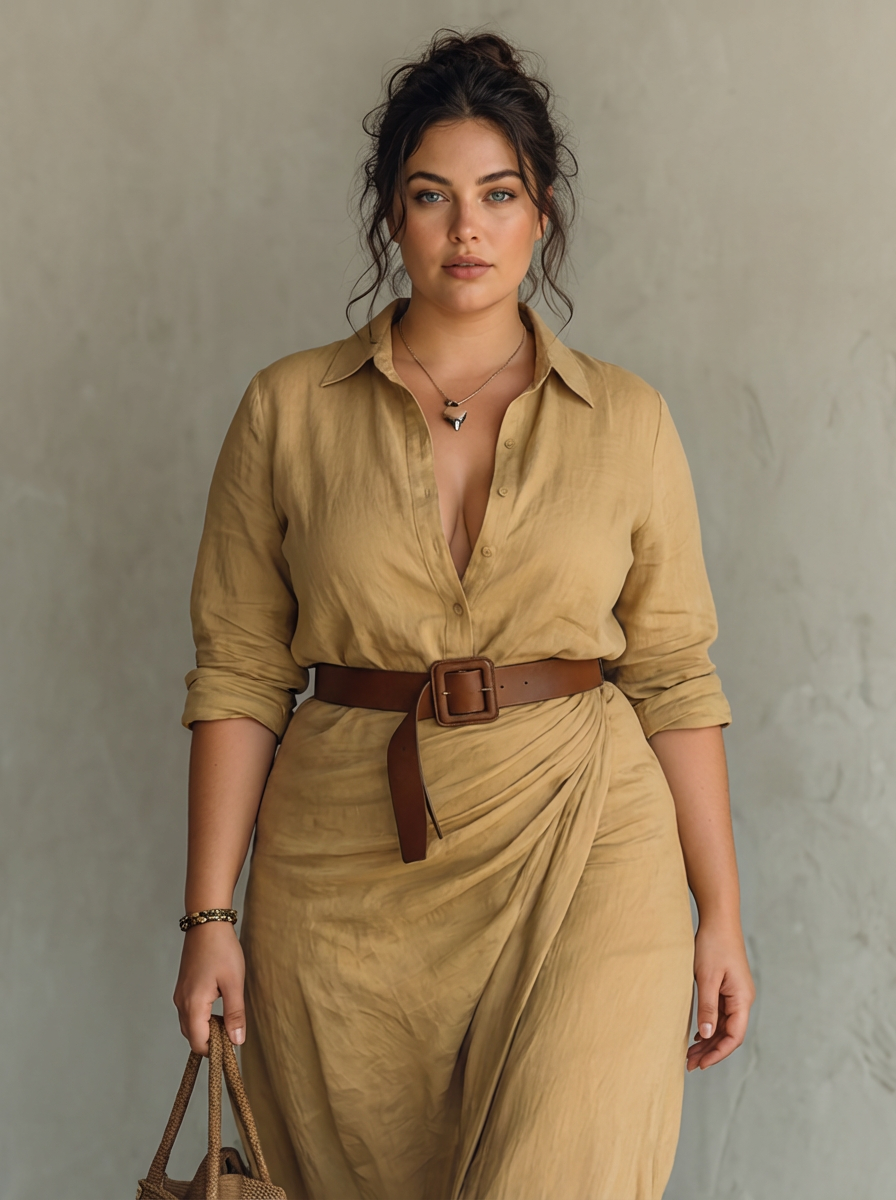 Vestido Largo con Cuello Solapa y Manga Larga para Mujer