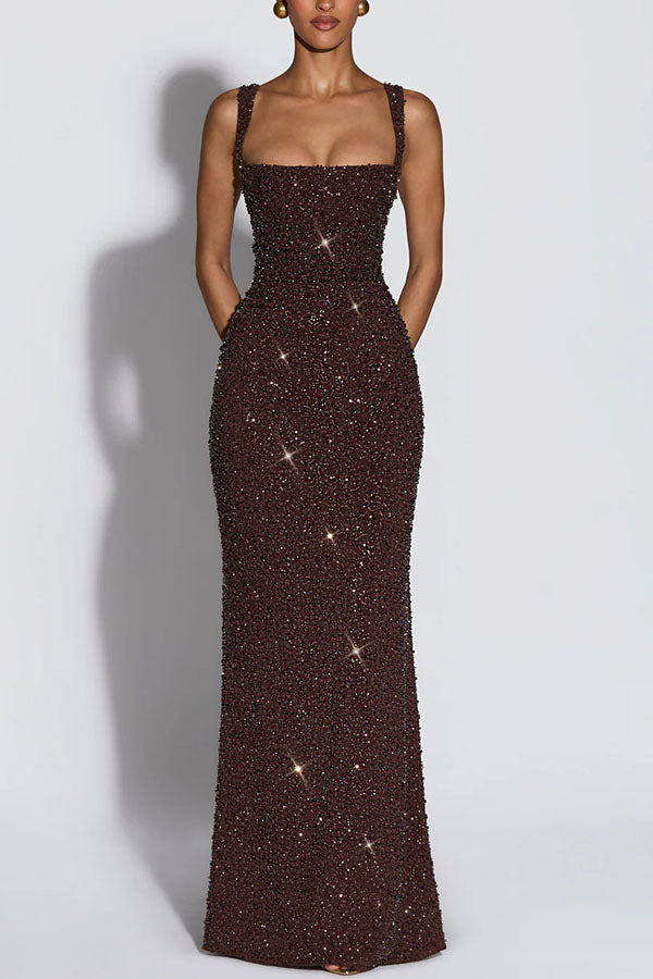 Vestido largo Calanthe de gasa con lentejuelas, fruncido, escote cuadrado y lazada en la espalda
