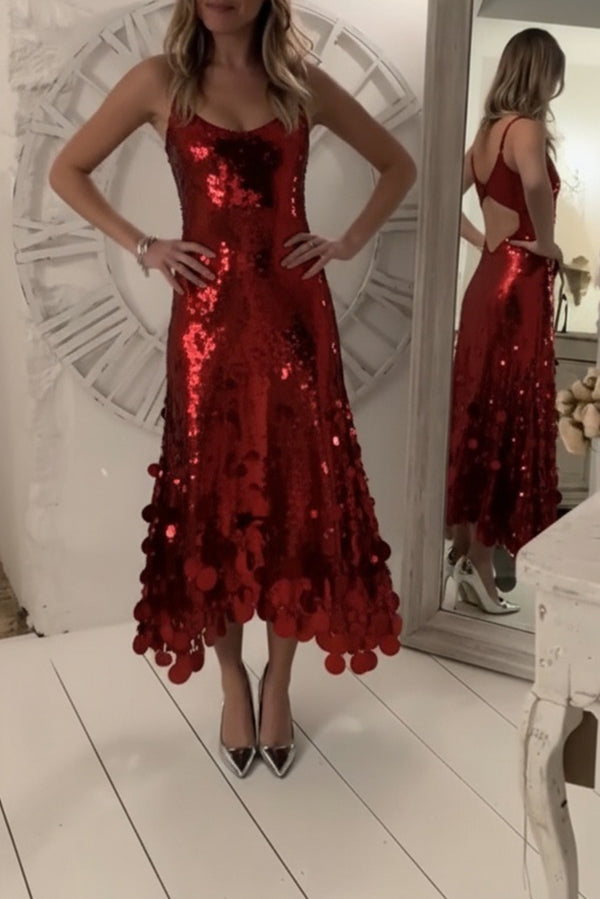 Vestido largo de tirantes Consejos de Fiesta de lentejuelas con bajo de flecos redondos irregulares y abertura en la espalda