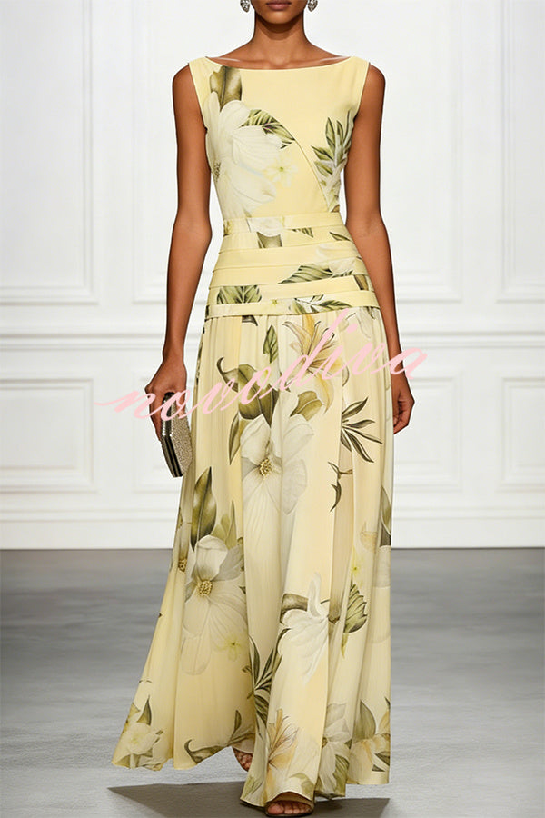 Vestido largo clásico con estampado floral, escote barco, cintura fruncida, sin mangas y corte en A