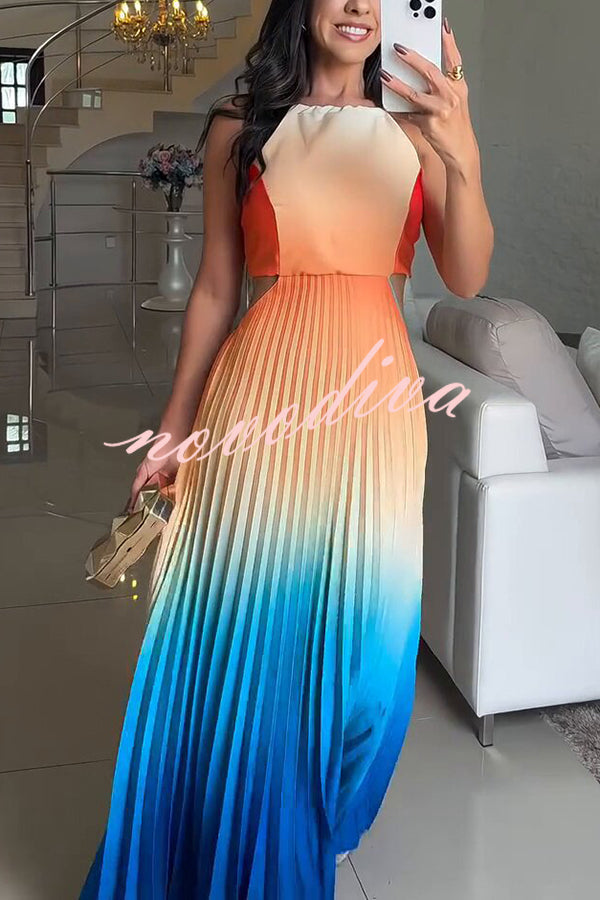 Vestido largo elegante plisado degradado con espalda descubierta y lazada