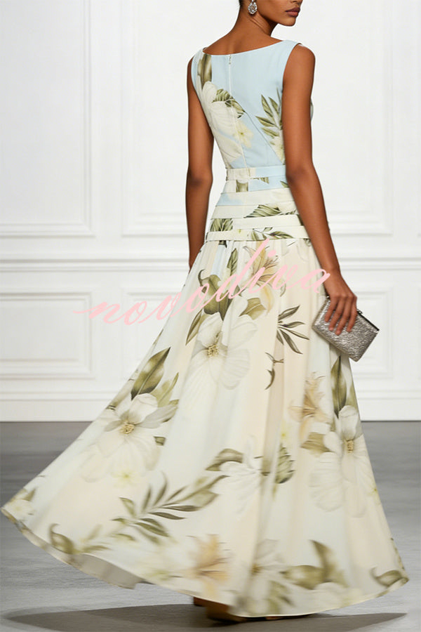 Vestido largo clásico con estampado floral, escote barco, cintura fruncida, sin mangas y corte en A