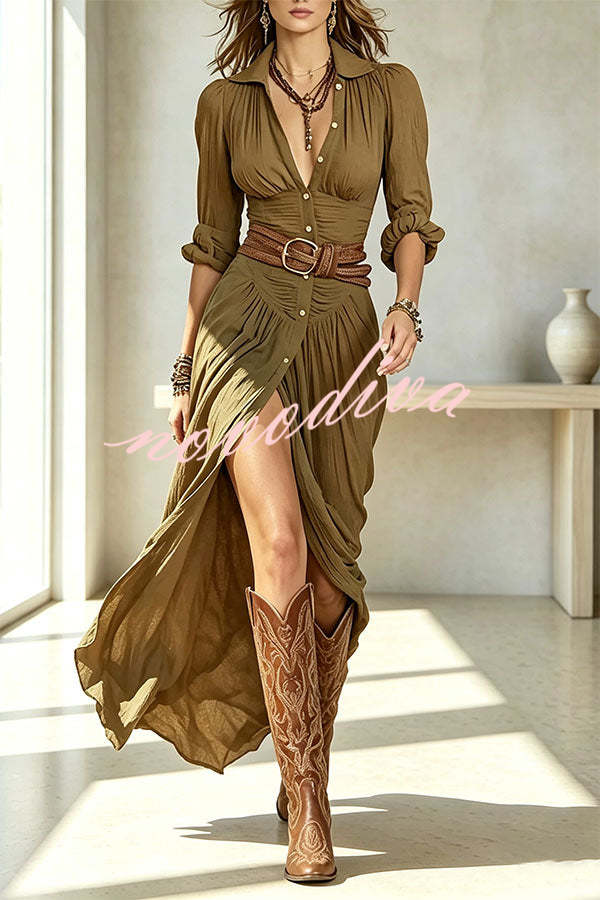 Vestido camisero largo con solapa, botonadura sencilla y cintura marcada