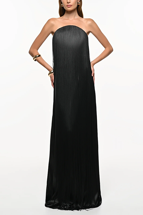 Vestido largo de gala hasta el suelo Dreamy Eye-catching con flecos brillantes y hombros descubiertos