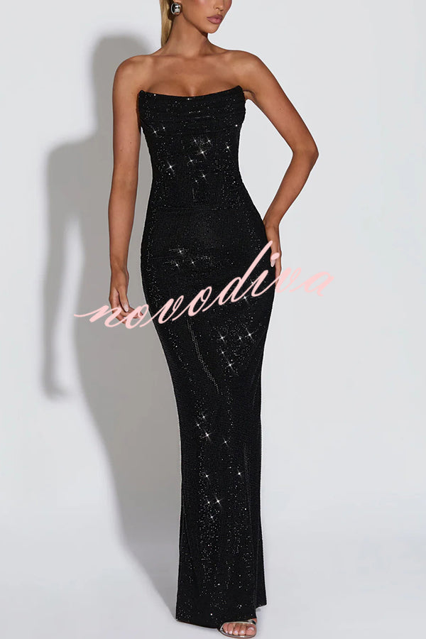 Vestido largo Mirabella palabra de honor de lentejuelas plisado con escote drapeado y lazada en la espalda