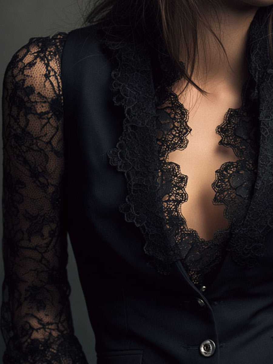 Noemí | Top Blazer Negro Con Mangas Semitransparentes