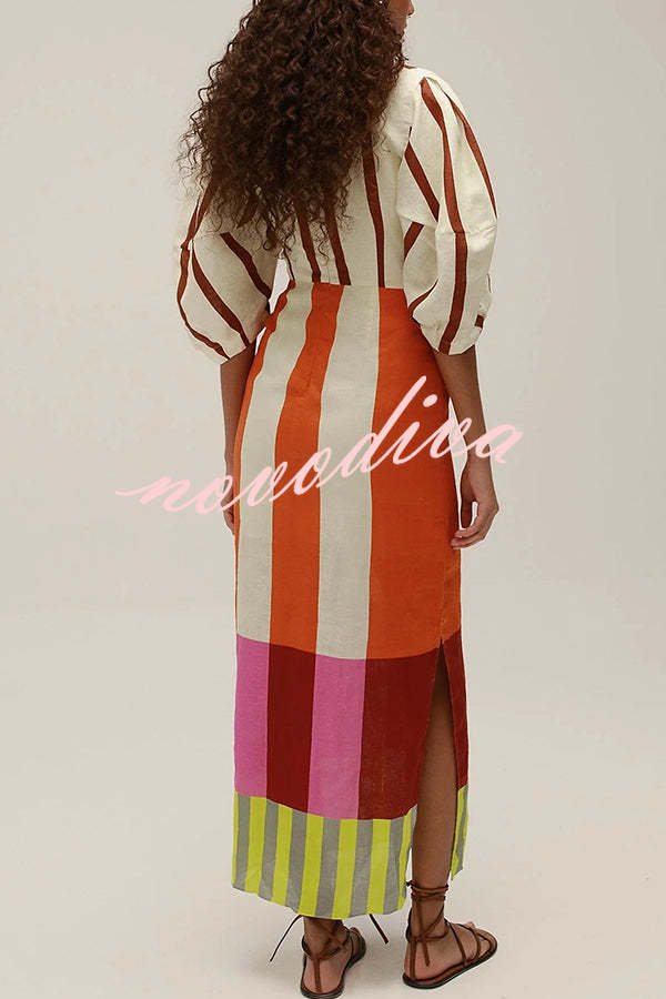 Vestido largo Kaya de mezcla de lino con estampado de bloques de color, abertura delantera con nudo y manga abullonada