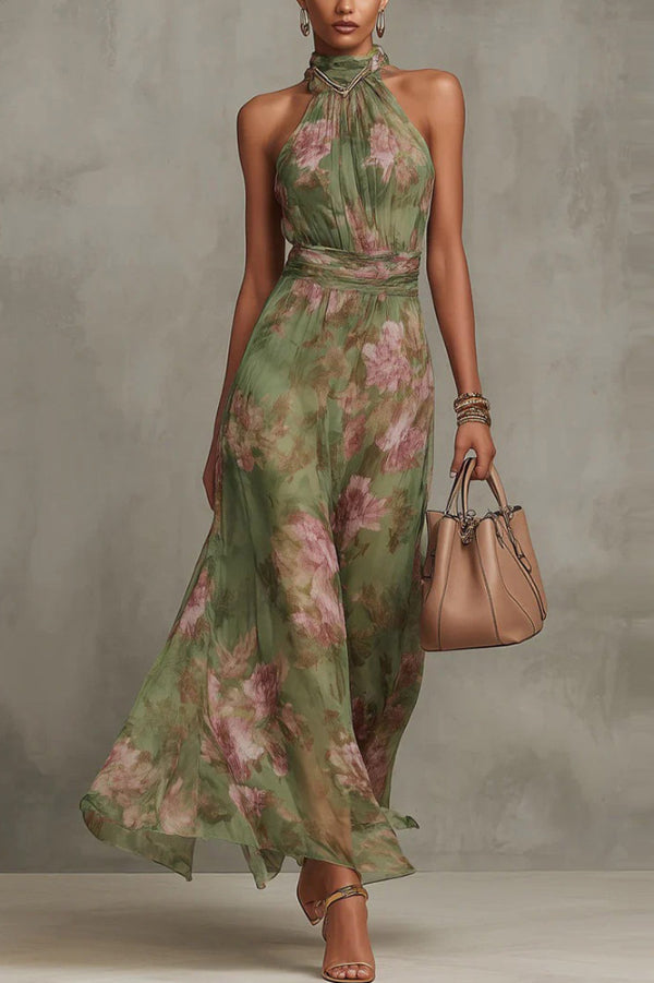 Vestido largo casual de vacaciones con estampado floral, cuello halter, sin mangas y cintura entallada