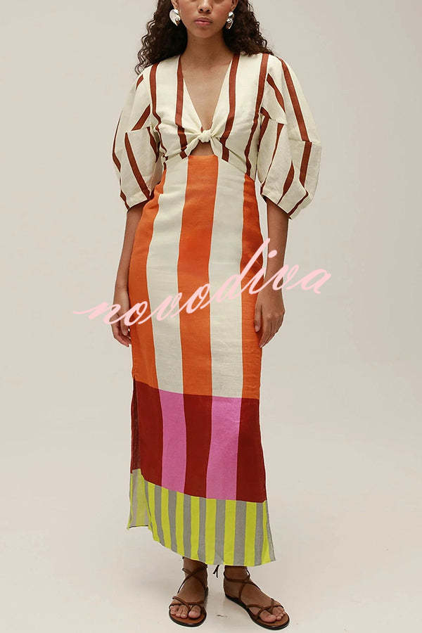 Vestido largo Kaya de mezcla de lino con estampado de bloques de color, abertura delantera con nudo y manga abullonada