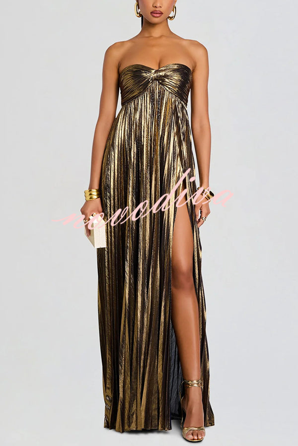 Vestido largo sexy metalizado palabra de honor plisado con abertura alta