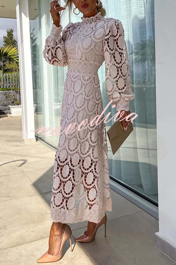 Vestido midi de fiesta Romántico, Sensual y Elegante de encaje de ganchillo con manga farol