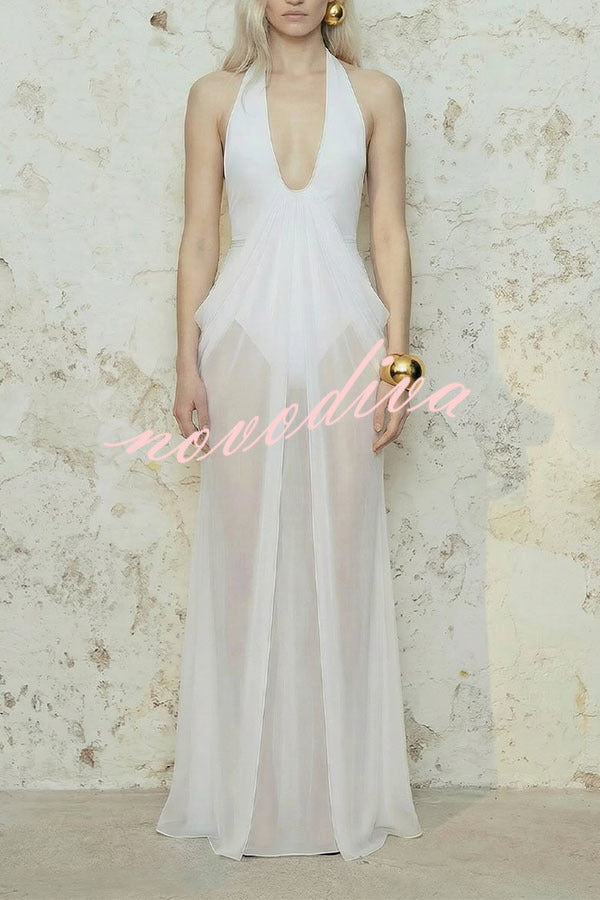 Vestido Musa Azafrán drapeado con cuello halter